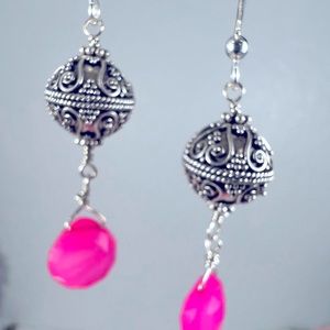 HOT PINK CHALCEDONY BALI SILVER DANGLE EARRING